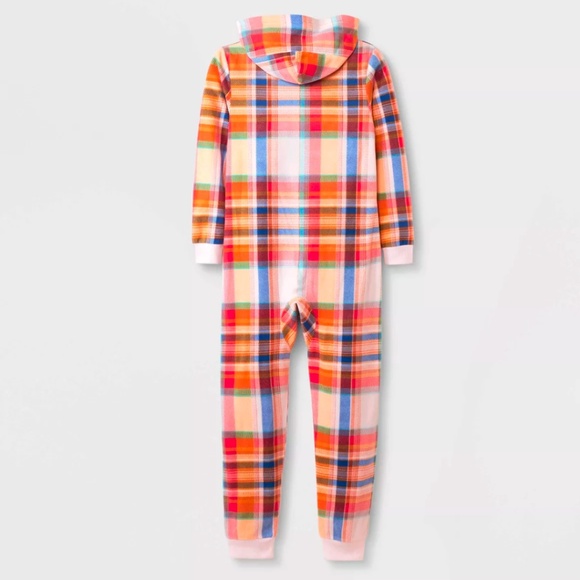 Cat & Jack Girls Fleece Union Suit One Piece Hooded Pajama Plaid Medium Sz8 EUC - Picture 2 of 5